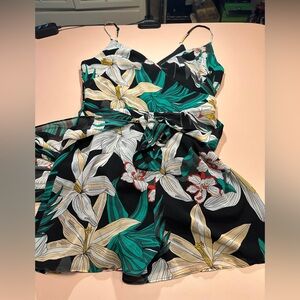 EUC Guess Black Tropical Floral Romper with dramatic train